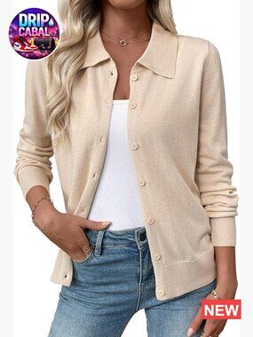Lightweight Wool Blend Cardigan Sweater with Lapel Collar and Button Down